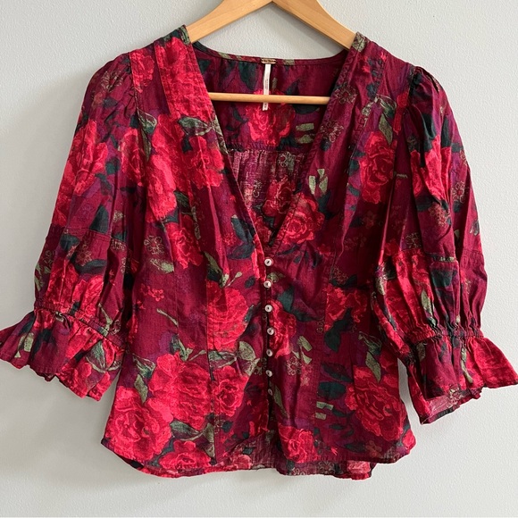Free People I Found You Puff Sleeve Top Size Medium Dark Academia Moody Floral - Picture 2 of 13